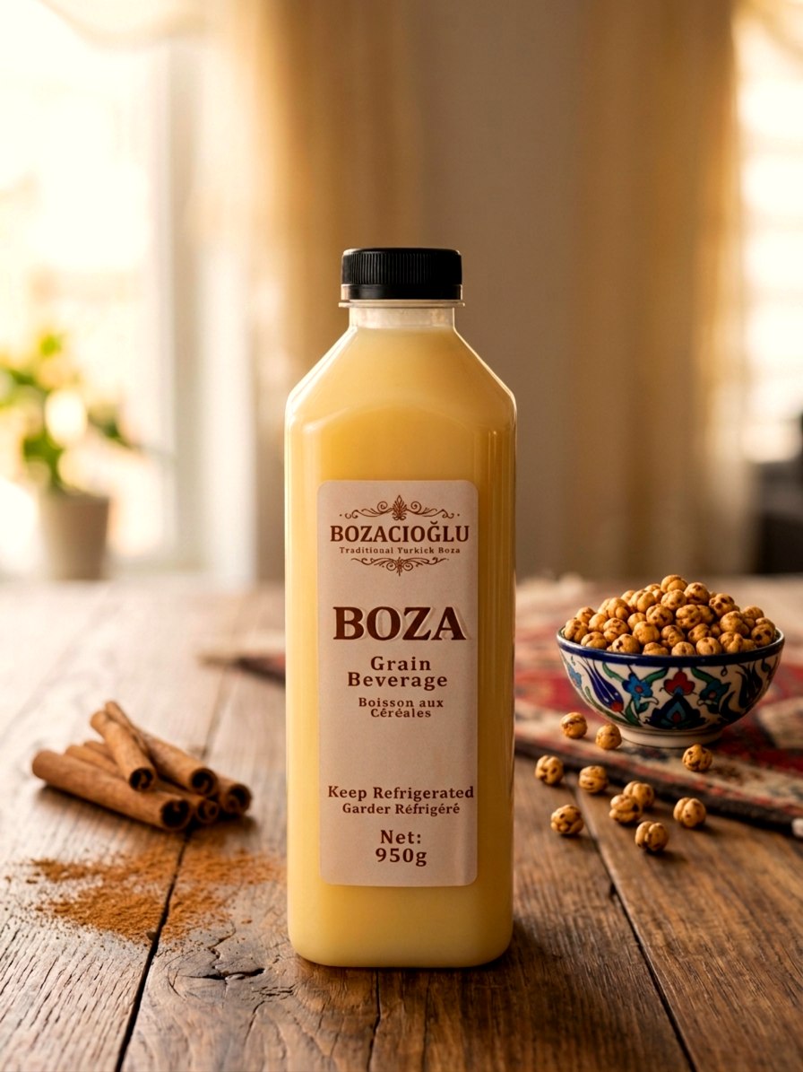 Ahşap masada tarçın çubukları ve leblebi ile 950g Bozacıoğlu boza şişesi