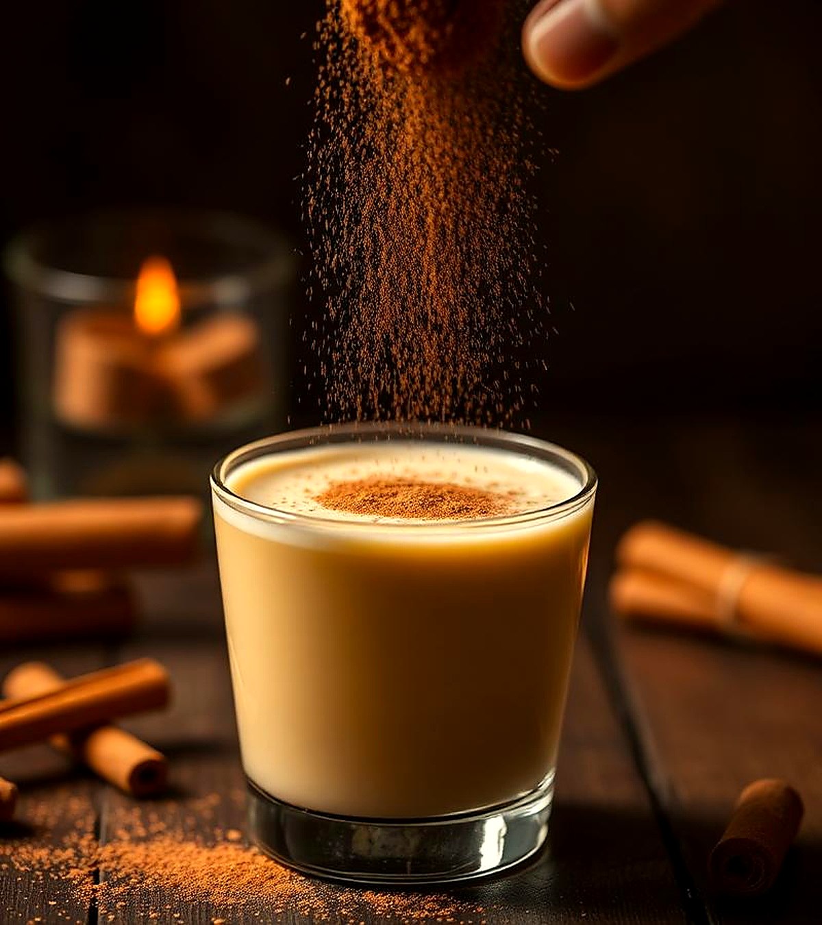 Üzerine öğütülmüş tarçın serpilmiş bir bardak boza